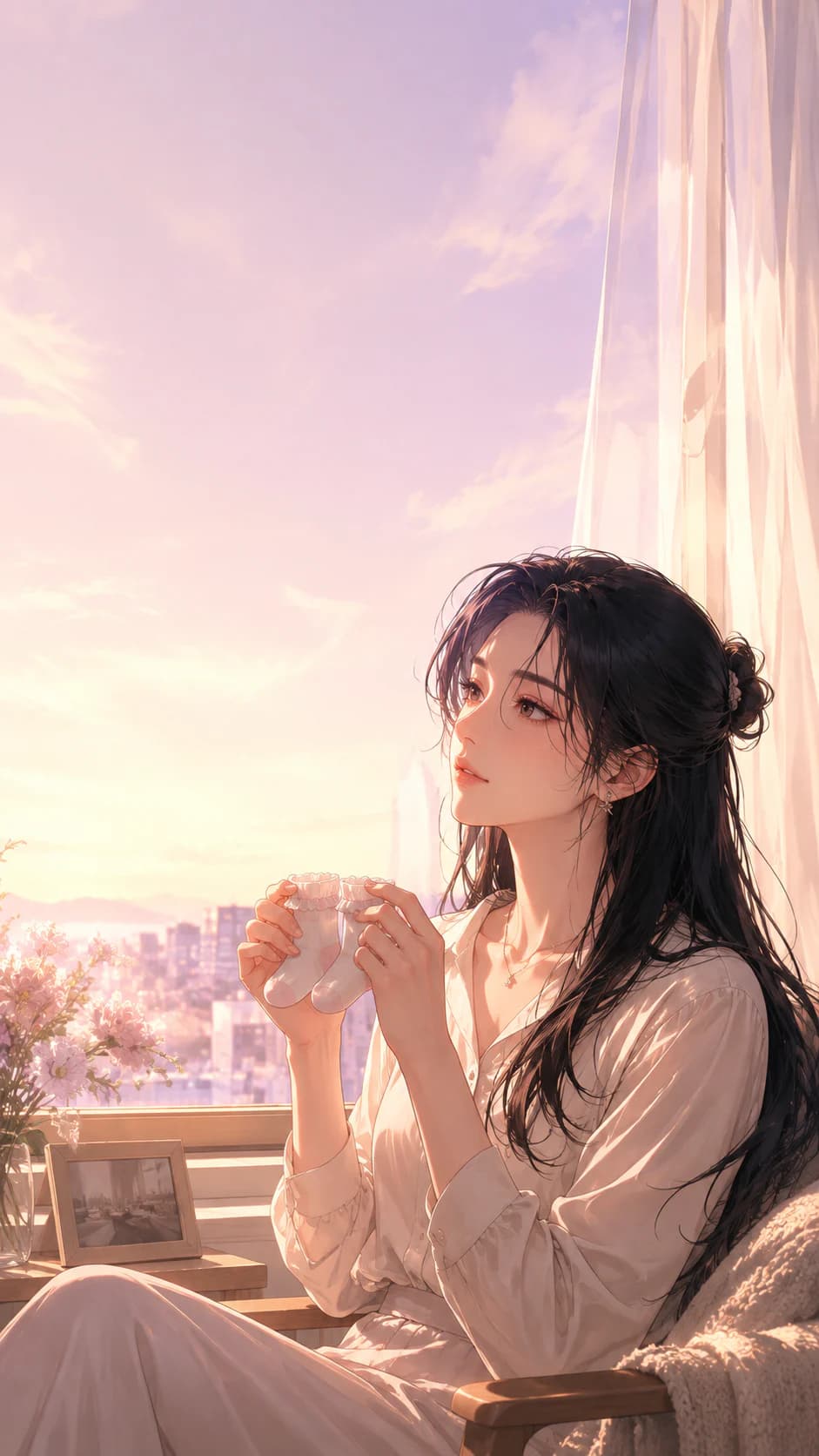 아기 양말을 바라보며 기다림의 마음을 다독이는 성인 여성