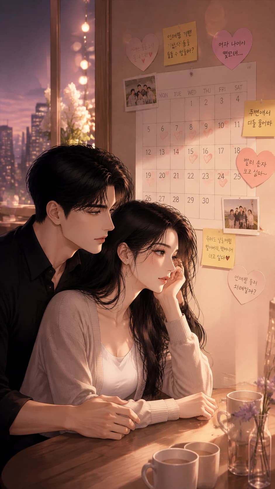 가족의 기대 속에서 서로를 지지하는 성인 부부
