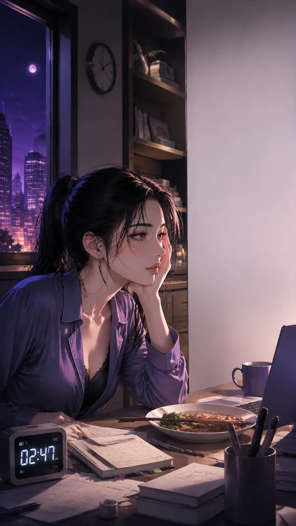 늦은 업무와 흐트러진 식사·수면 시간을 돌아보는 성인 여성