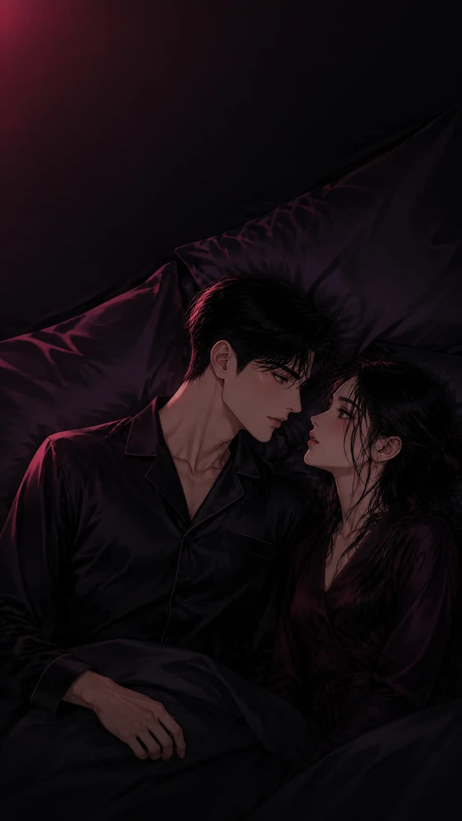 침대에 나란히 누워 서로를 바라보는 성인 연인