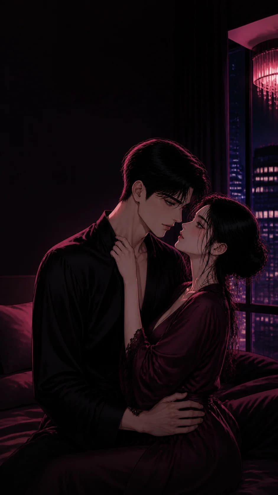 서로의 눈을 바라보며 가까이 앉은 성인 연인
