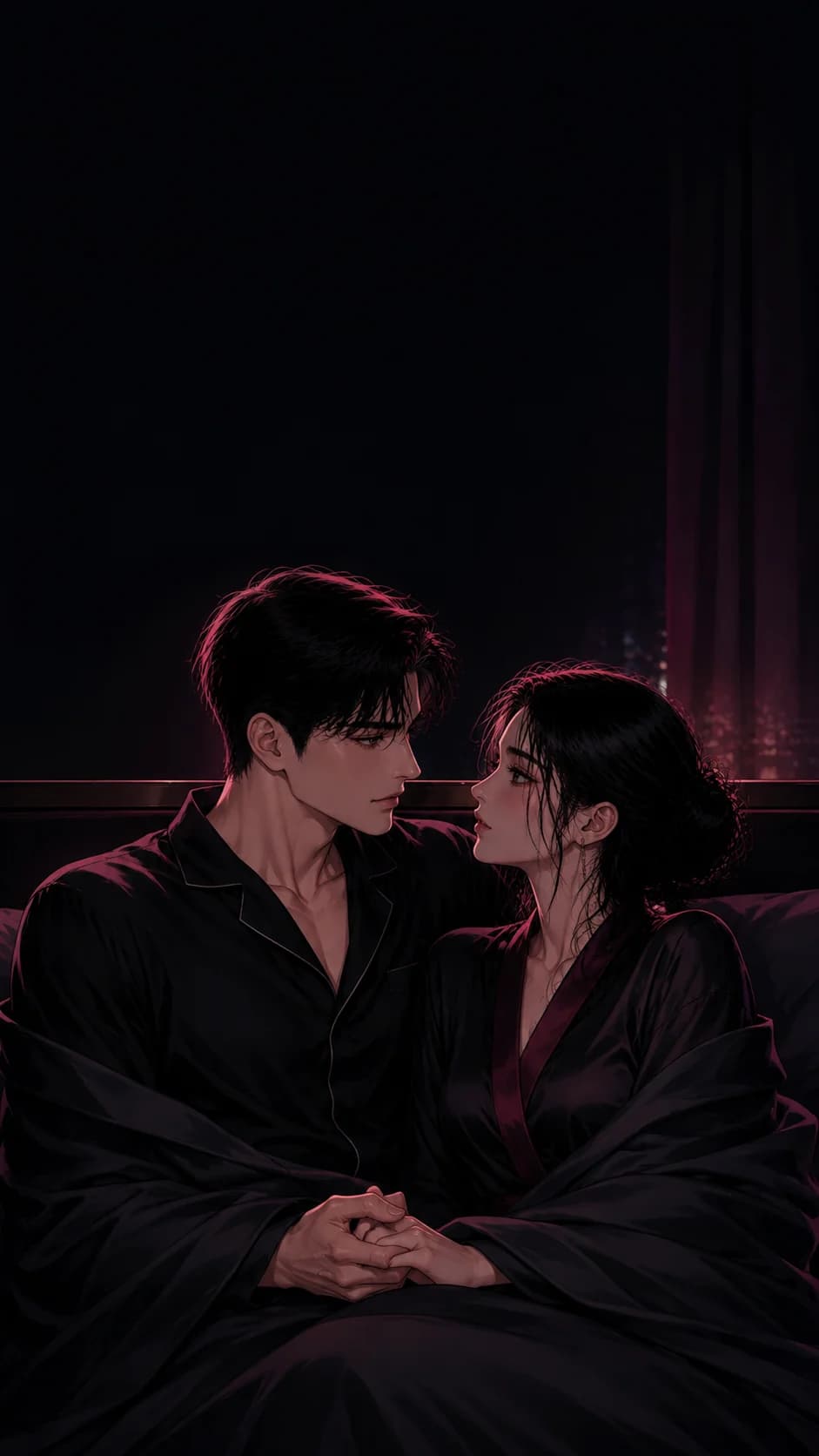 이불을 함께 덮고 손을 맞잡아 대화하는 성인 연인