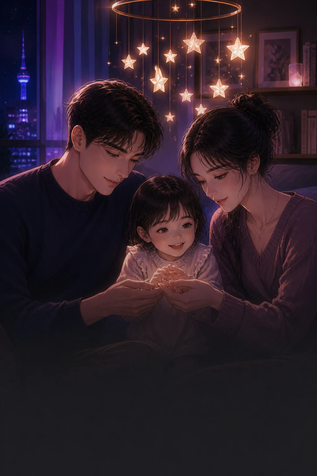 별빛 모빌 아래 아이의 손을 함께 잡은 가족의 고화질 웹툰 장면