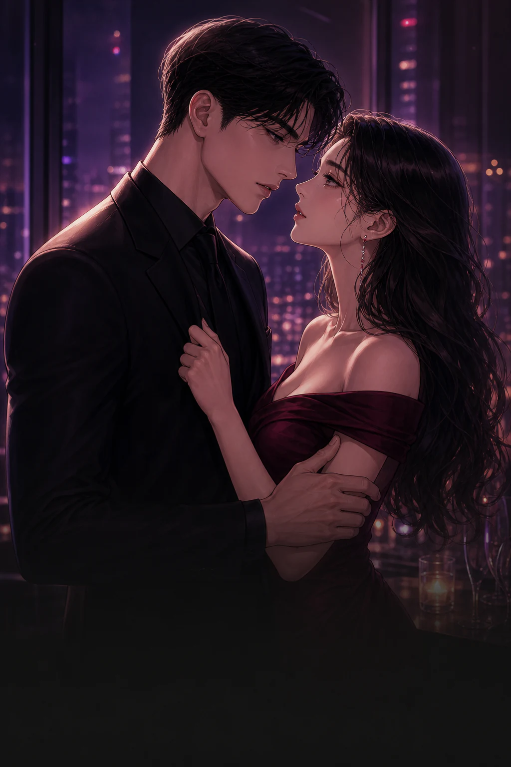 와인빛 야경 앞에서 서로에게 밀착해 시선을 나누는 성인 연인의 고화질 웹툰 장면